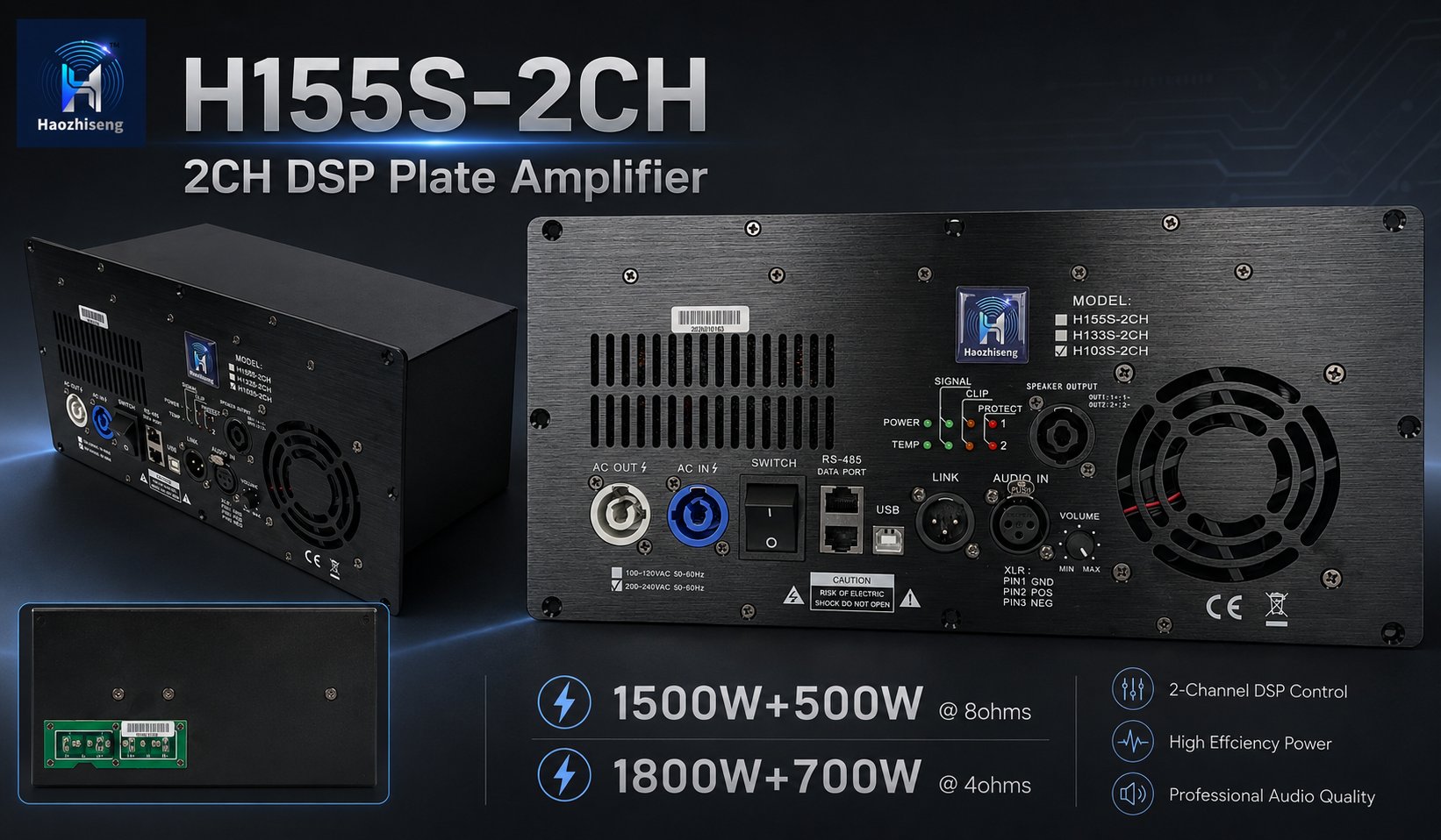 H155S H2 Series 2-Channel DSP Class D Plate Amplifier Module for Active Speaker by Haozhiseng Audio