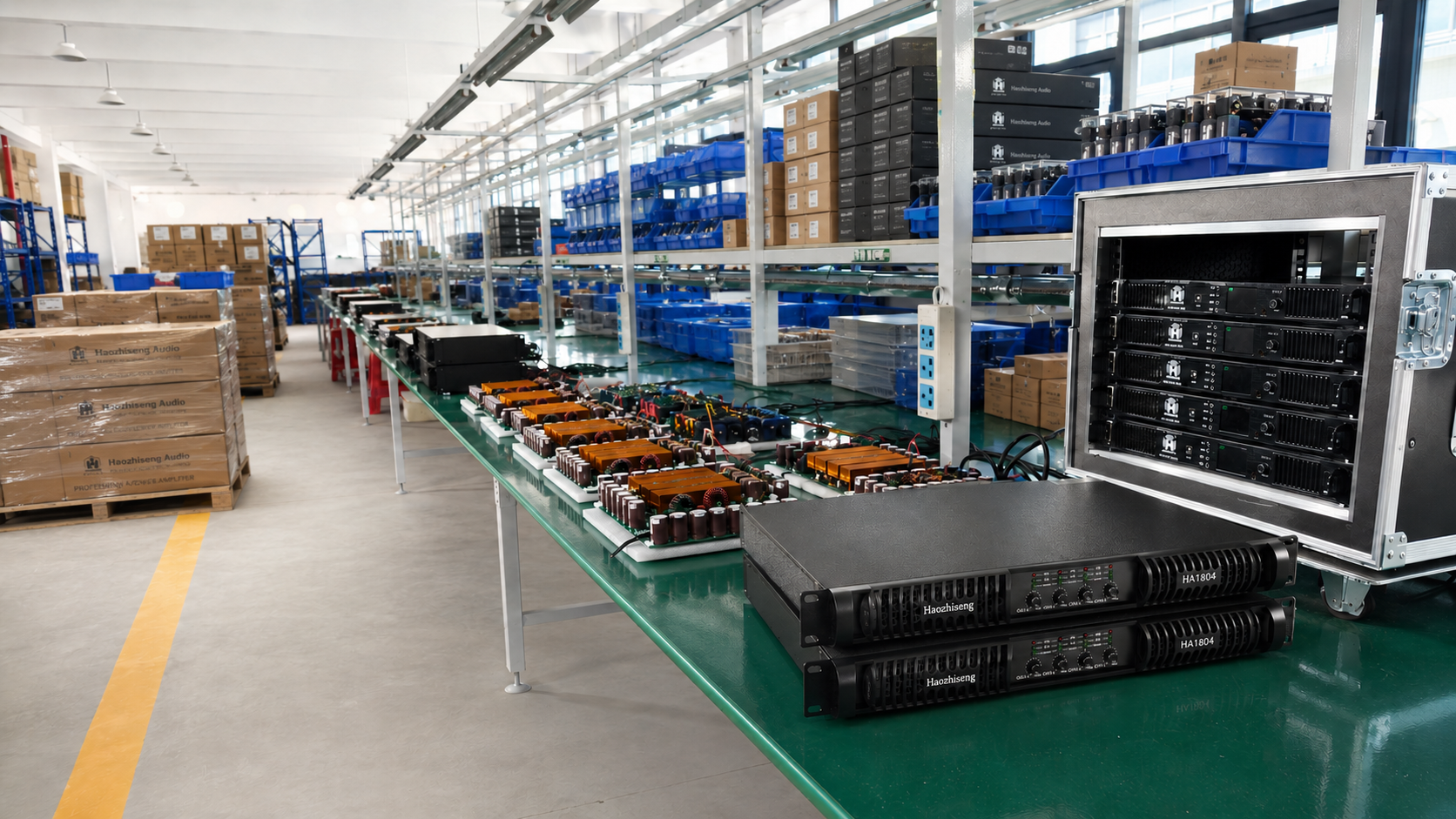 Haozhiseng Audio power amplifier workshop -- professional manufacturing floor in Guangzhou, China