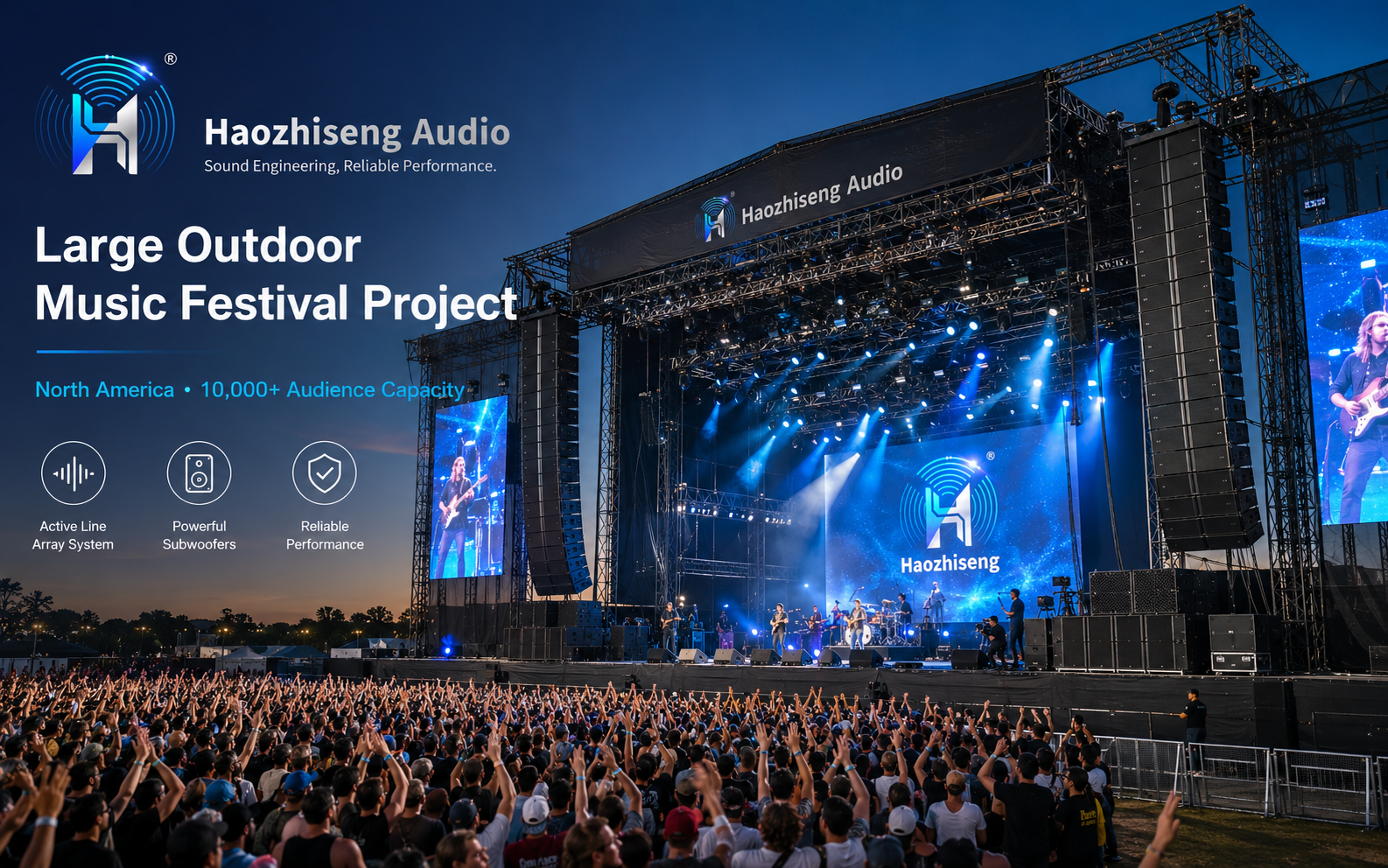 Large outdoor concert venue installation with line array systems