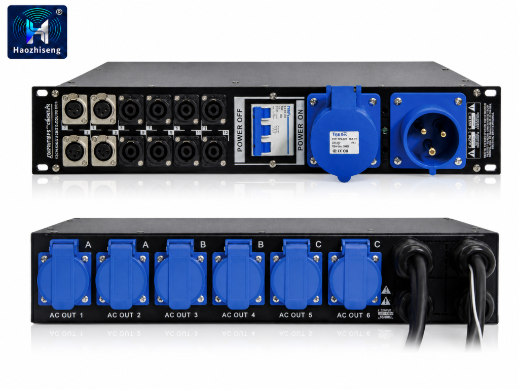 Customizable 6-Way Rack-Mount Power and Audio Signal Distribution Unit