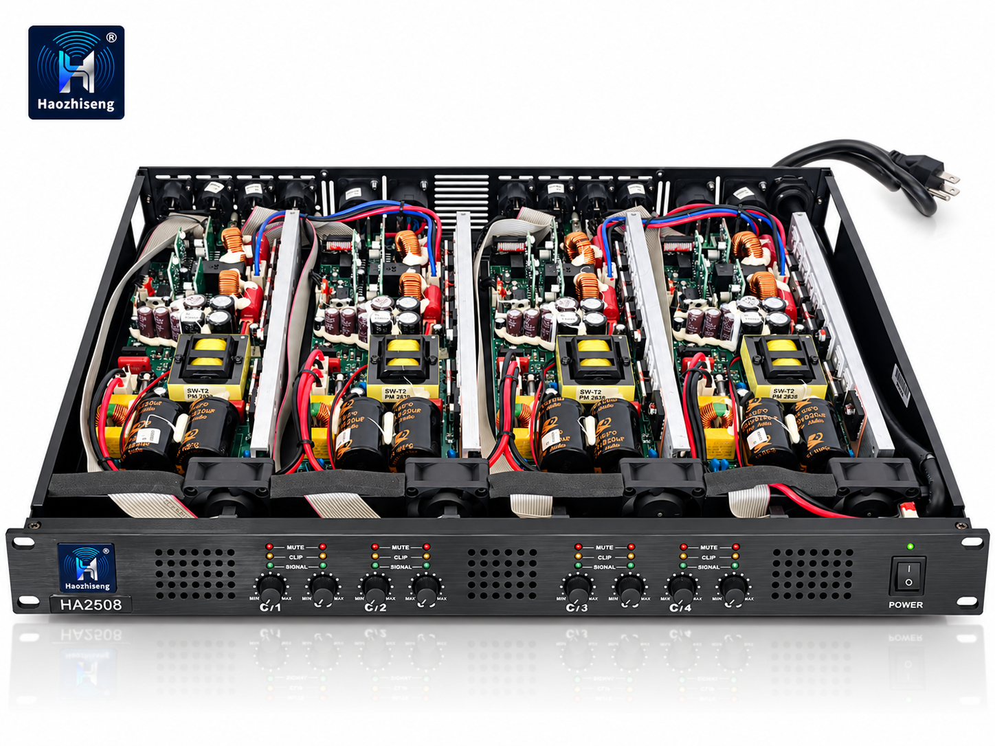 HA2508 Black 8-Channel Class-D Power Amplifier — 8 × 450W at 4Ω, Compact 1U Design