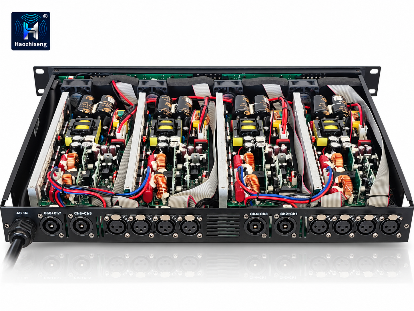 HA2508 Black 8-Channel Class-D Power Amplifier — 8 × 450W at 4Ω, Compact 1U Design