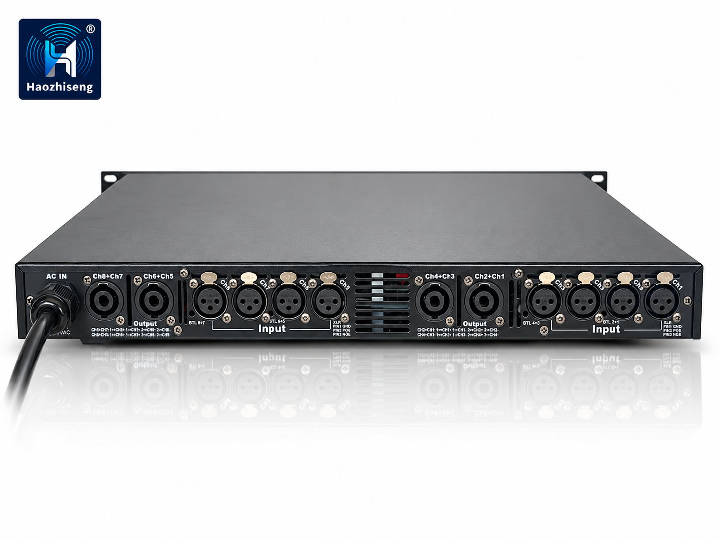HA2508 Black 8-Channel Class-D Power Amplifier — 8 × 450W at 4Ω, Compact 1U Design