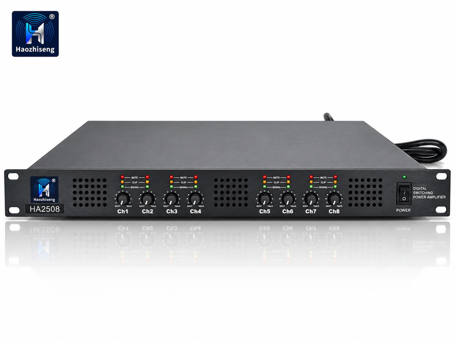 HA2508 Black 8-Channel Class-D Power Amplifier — 8 × 450W at 4Ω, Compact 1U Design