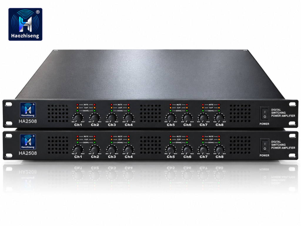 HA2508 Black 8-Channel Class-D Power Amplifier — 8 × 450W at 4Ω, Compact 1U Design