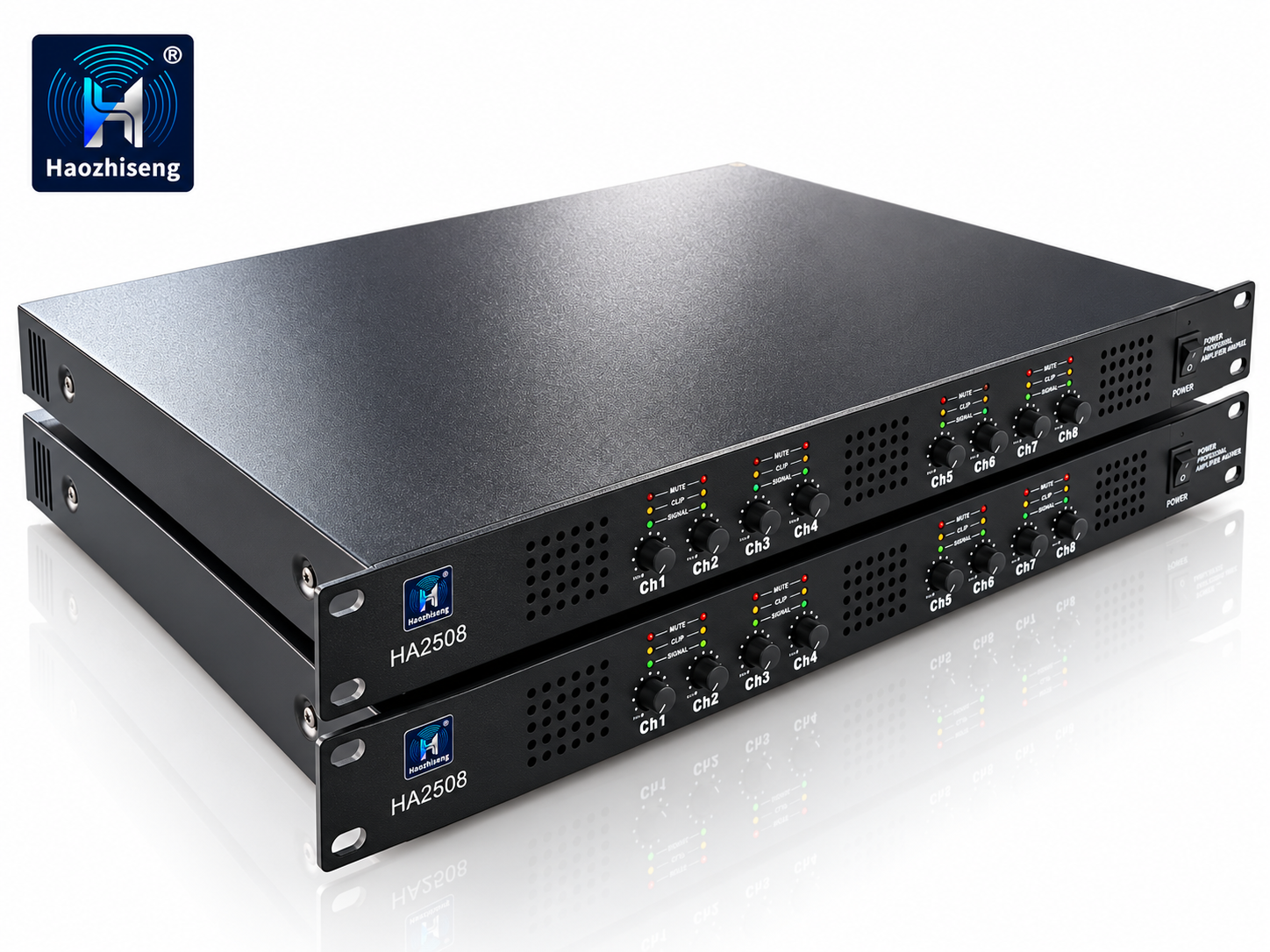 HA2508 Black 8-Channel Class-D Power Amplifier — 8 × 450W at 4Ω, Compact 1U Design
